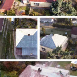 Dom jednorodzinny z dachu którego usuwane są stare powłoki, widok z góry, pracownik w kombinezonie na rusztowaniu, zabezpieczona folią elewacja, teren posesji.