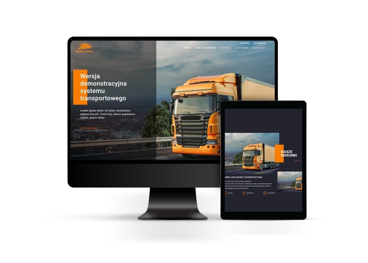 Prezentacja responsywnej strony internetowej na monitorze i tablecie, z motywem firmy transportowej i pomarańczową ciężarówką w tle.