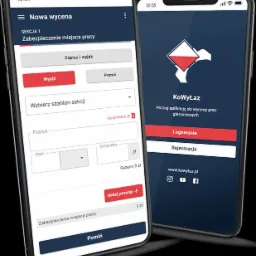 Dwa smartfony z aplikacją do wyceny prac glazurniczych, widoczne ekrany wyceny i logowania z logo w kolorach flagi Polski.