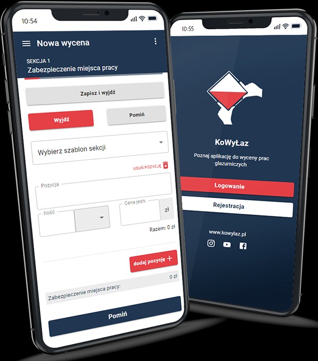 Dwa smartfony z aplikacją do wyceny prac glazurniczych, widoczne ekrany wyceny i logowania z logo w kolorach flagi Polski.