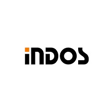 Czarne logo 'inDOS' z pomarańczowym akcentem nad literami 'in' na białym tle.