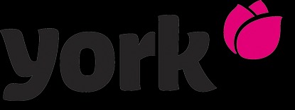 Ciemnoszare logo 'york' z różowym symbolem przypominającym tulipana po prawej stronie na czarnym tle.