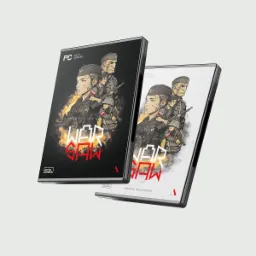 Ilustracja okładki gry PC 'War Saw' w dwóch wersjach kolorystycznych: czarnej i białej, przedstawiająca stylizowanych żołnierzy w płomieniach.