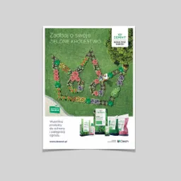 Reklama produktów ogrodniczych Ziemovit przedstawiająca koronę ułożoną z kwiatów i roślin na trawniku, z widocznymi opakowaniami produktów w dolnej części zdjęcia.