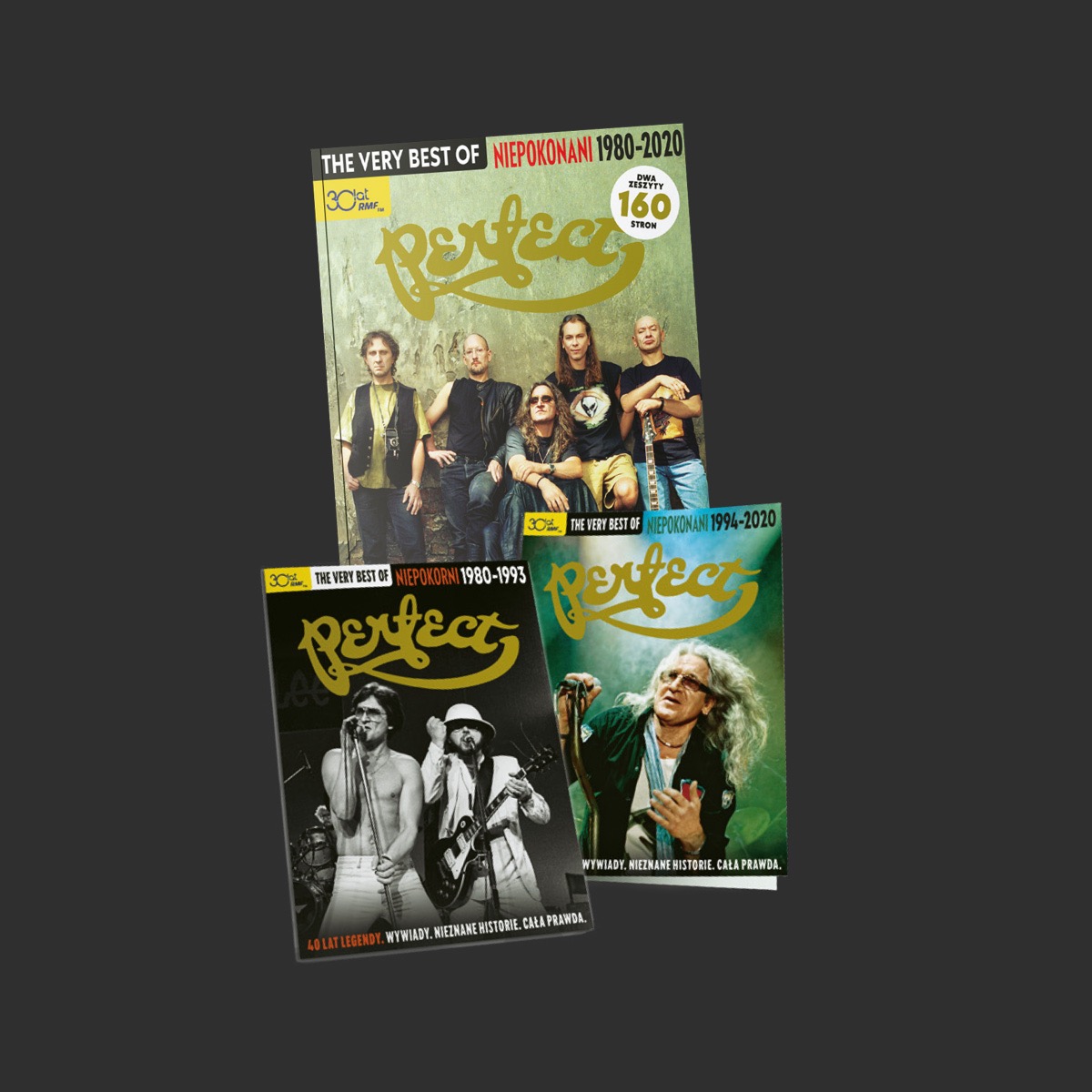 Trzy okładki magazynu muzycznego 'Perfect: The Very Best Of Niepokonani' z różnymi składami zespołu i okresami: 1980-2020, 1980-1993, 1994-2020, ułożone warstwowo na ciemnym tle, prezentujące...