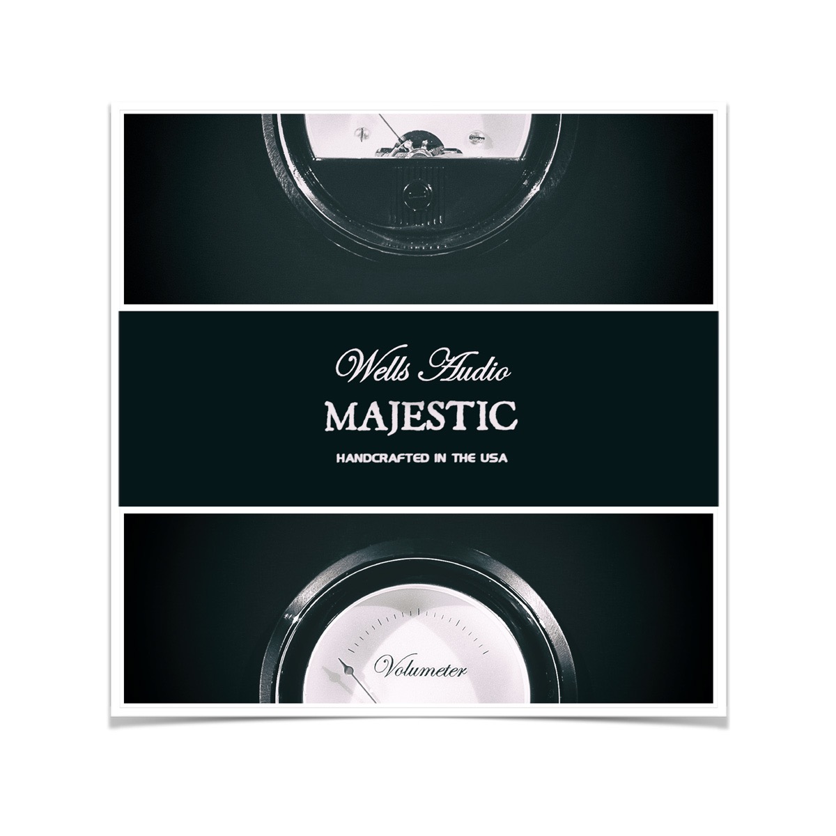 Grafika z logo Wells Audio Majestic, prezentująca fragmenty wskaźników analogowych, z napisem 'Handcrafted in the USA'.