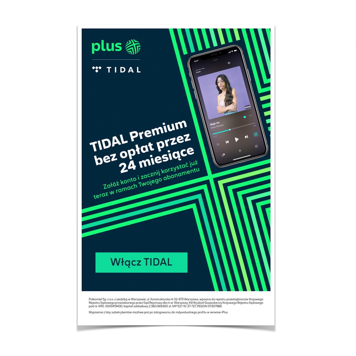 Plakat reklamowy oferujący Tidal Premium bez opłat przez 24 miesiące dla użytkowników sieci Plus, z widocznym interfejsem aplikacji Tidal na ekranie smartfona.