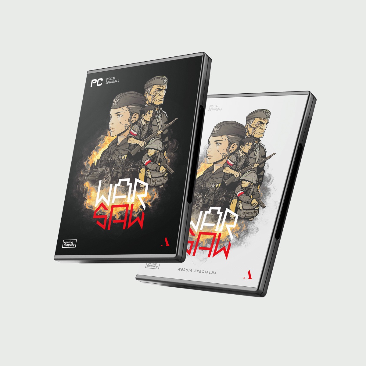 Ilustracja okładki gry PC 'War Saw' w dwóch wersjach kolorystycznych: czarnej i białej, przedstawiająca stylizowanych żołnierzy w płomieniach.