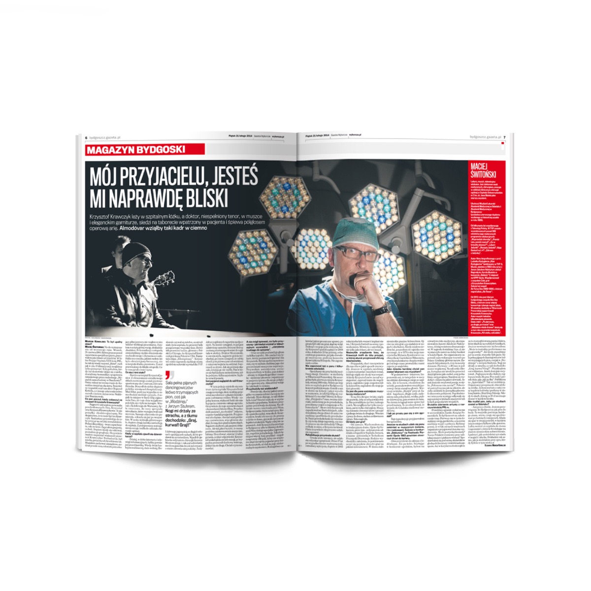 Skan strony z gazety z wywiadem z lekarzem w Warszawie, na zdjęciu lekarz w czepku i masce na tle lamp operacyjnych, obok artykuł o artyście.