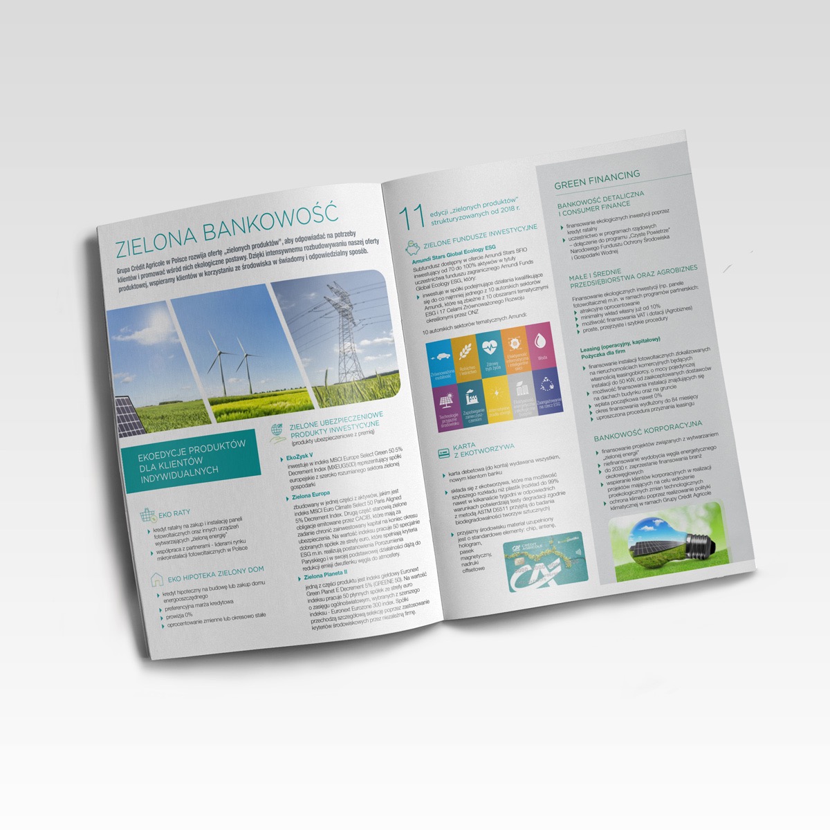 Strona broszury bankowej przedstawiająca ofertę zielonych produktów finansowych, z ilustracjami paneli słonecznych, turbiny wiatrowej i karty z ekotworzywa.