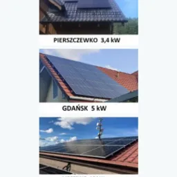 Zestawienie kilku realizacji instalacji fotowoltaicznych na różnych dachach, z informacją o lokalizacji i mocy instalacji.