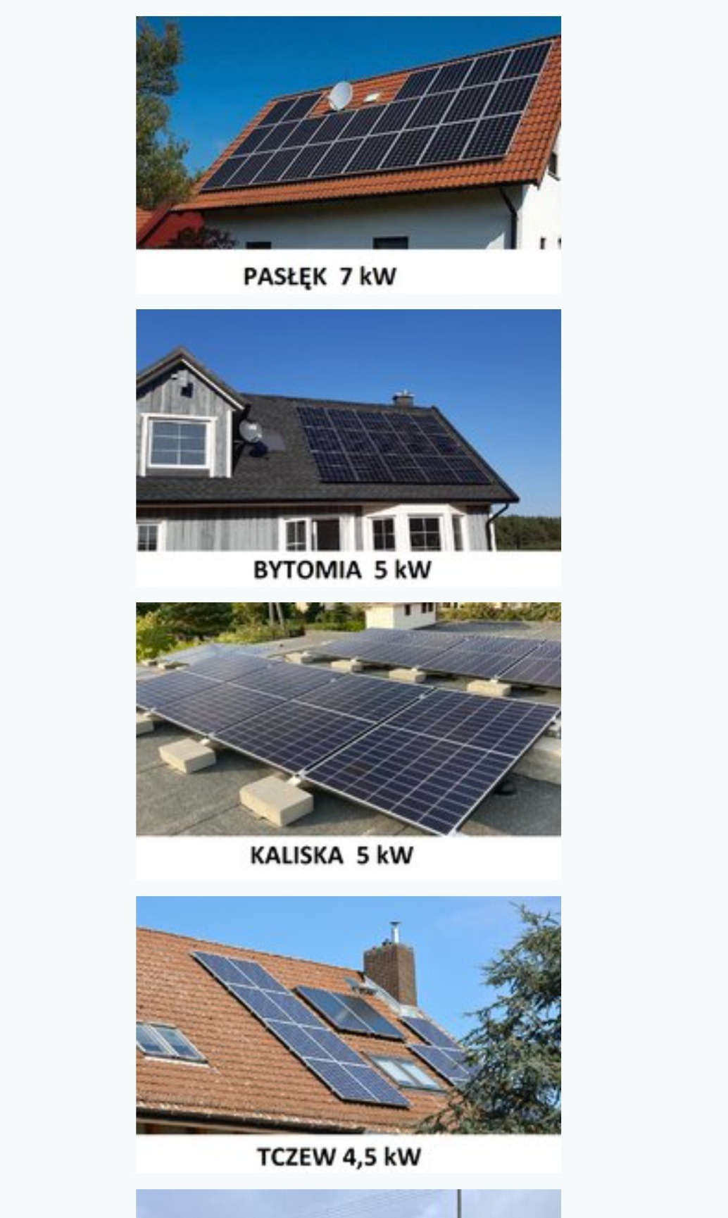 Cztery zdjęcia instalacji paneli słonecznych na dachach budynków mieszkalnych, z różnymi konfiguracjami i w różnych lokalizacjach: Pasłęk (7 kW), Bytomia (5 kW), Kaliska (5 kW), Tczew (4,5 kW).