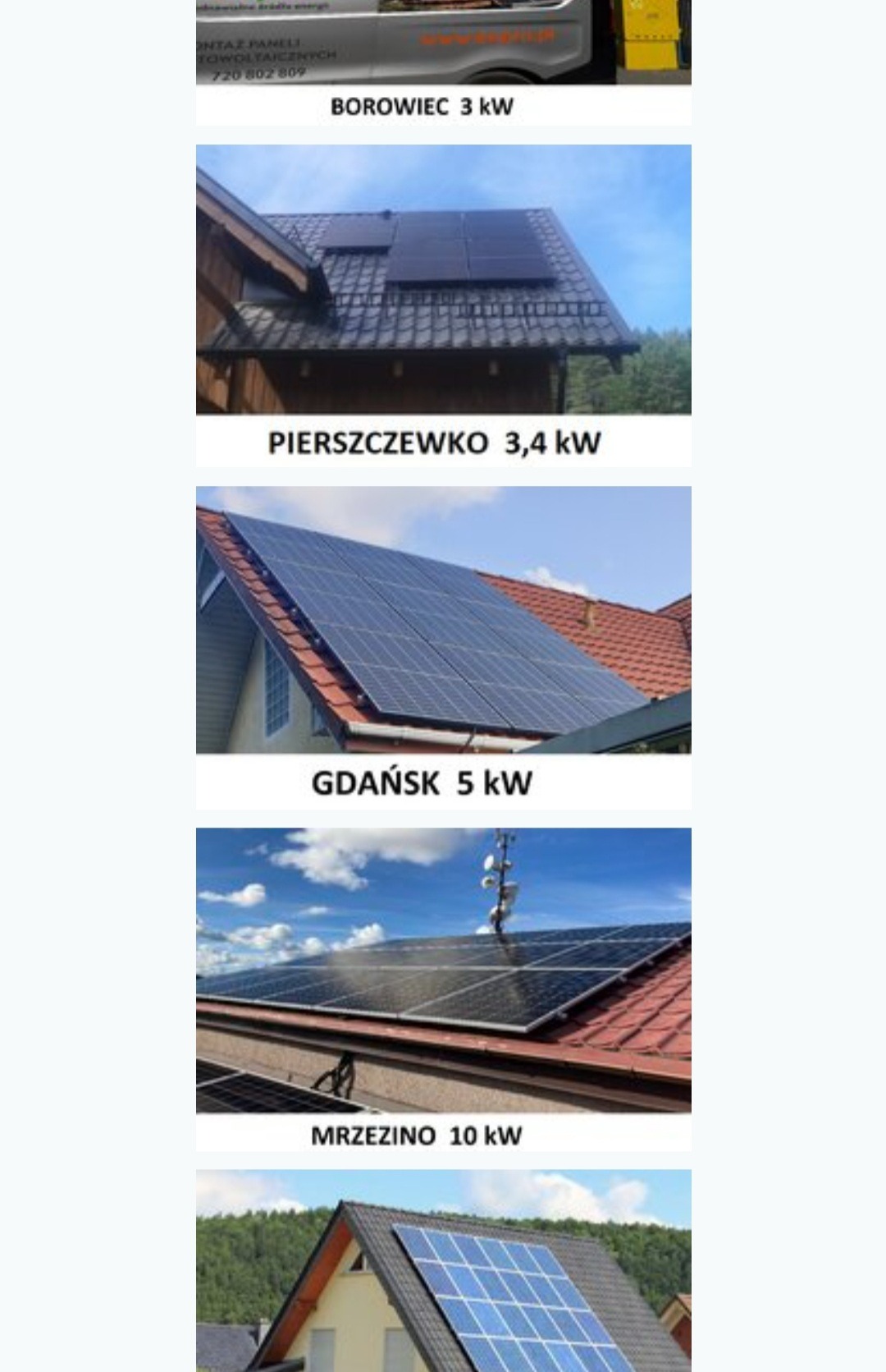 Zestawienie kilku realizacji instalacji fotowoltaicznych na różnych dachach, z informacją o lokalizacji i mocy instalacji.