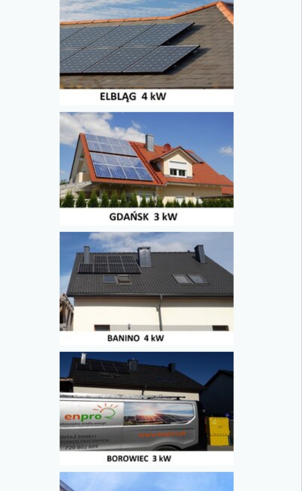 Różne realizacje instalacji paneli słonecznych na dachach domów jednorodzinnych, z podpisami lokalizacji i mocy instalacji.