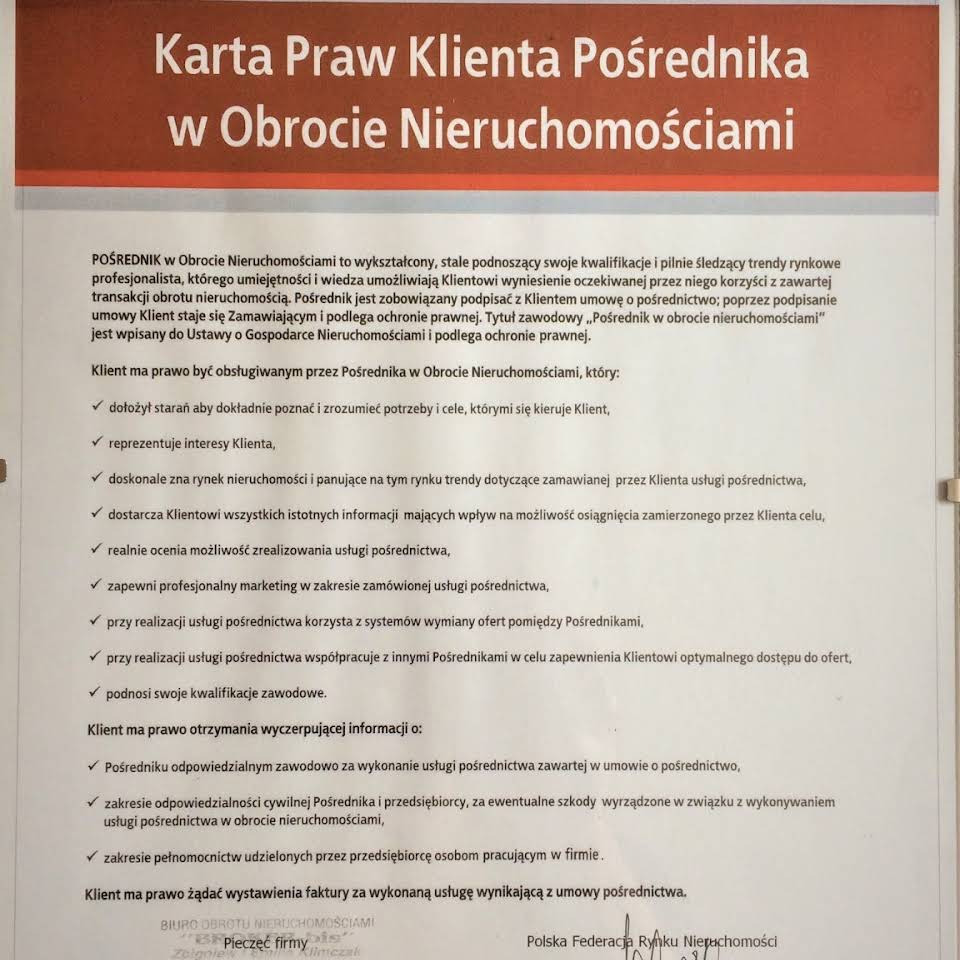 Dokument 'Karta Praw Klienta Pośrednika w Obrocie Nieruchomościami' z listą praw klienta, pieczęcią firmy i logotypem Polskiej Federacji Rynku Nieruchomości.