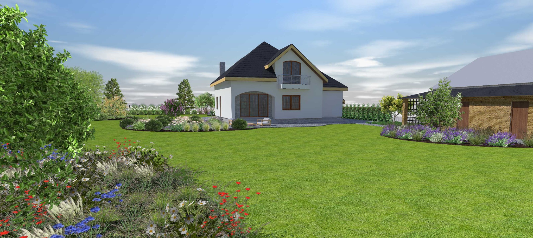 Wizualizacja ogrodu z nowoczesnym domem, rabaty kwiatowe z różnorodnymi gatunkami roślin, trawnik, kostka brukowa i mała architektura ogrodowa.