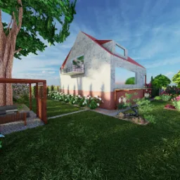 Wizualizacja ogrodu z nowoczesnym domem, pergolą i różnorodną roślinnością, w tym hortensjami i drzewami ozdobnymi.