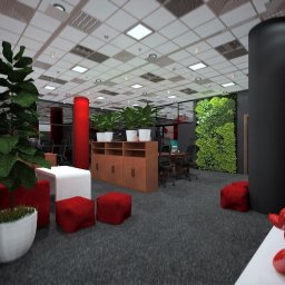 Oliwia Kalandyk Architektura Wnętrz - Wizualizacja nowoczesnego biura z zieloną ścianą, czerwonymi akcentami w postaci puf i kolumn, oraz roślinami doniczkowymi na szafkach i w strefie relaksu, tworzącego przestrzeń sprzyjającą...