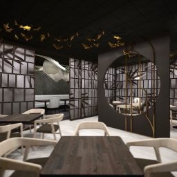 Oliwia Kalandyk Architektura Wnętrz - Wizualizacja wnętrza restauracji w stylu orientalnym z ciemnymi drewnianymi stołami, jasnymi krzesłami, dekoracyjnymi ścianami z motywem bambusa i złotymi rybkami pod sufitem.