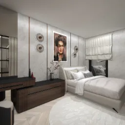 Nowoczesna sypialnia z łóżkiem kontynentalnym, toaletką z lustrem i okrągłym dywanem, ozdobiona portretem w stylu Fridy Kahlo i nowoczesnymi lampami ściennymi.