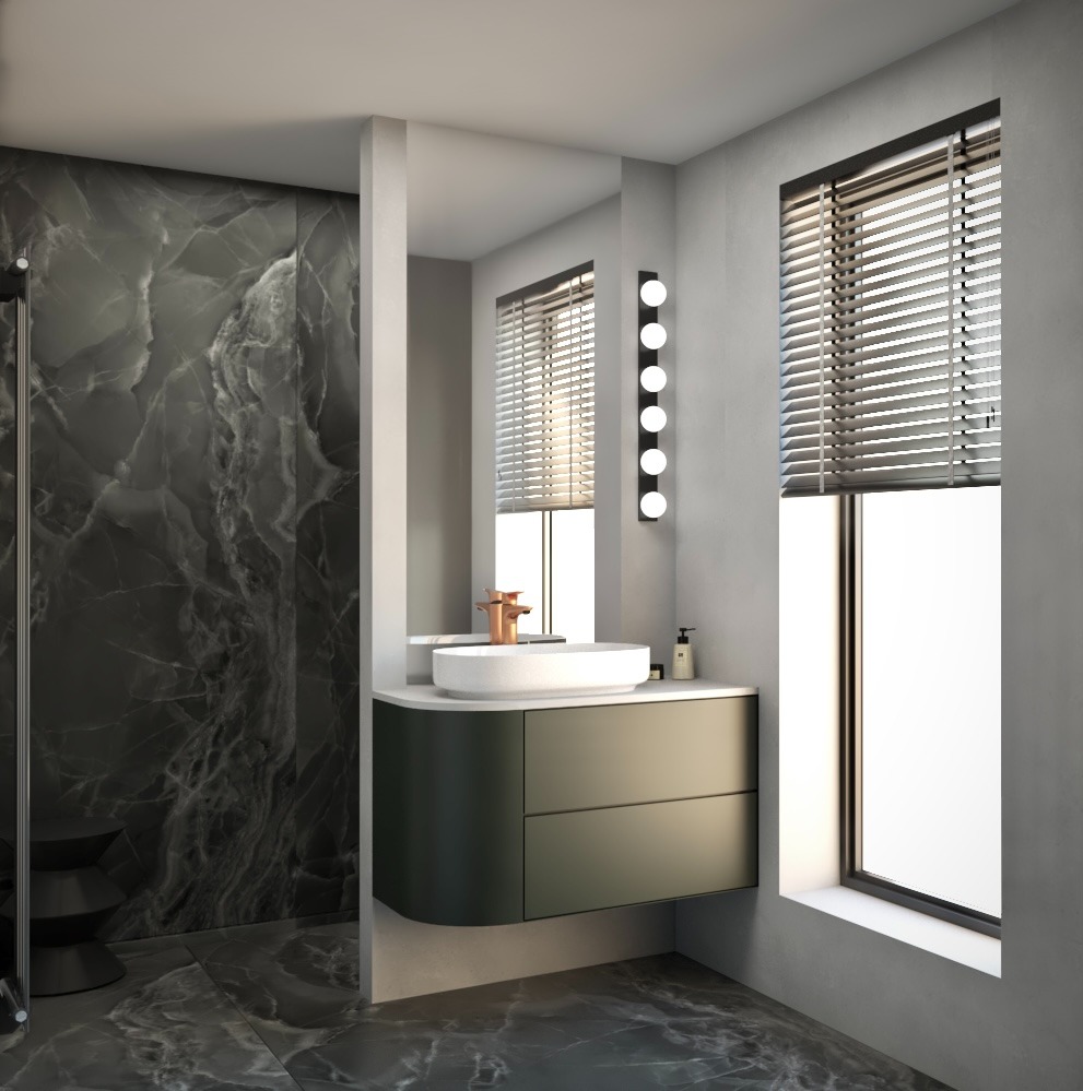 Nowoczesna łazienka z marmurową ścianą, umywalką nablatową w kolorze białym z baterią w odcieniu różowego złota, szafką pod umywalką w kolorze oliwkowym, oświetleniem punktowym i oknem z żaluzjami.