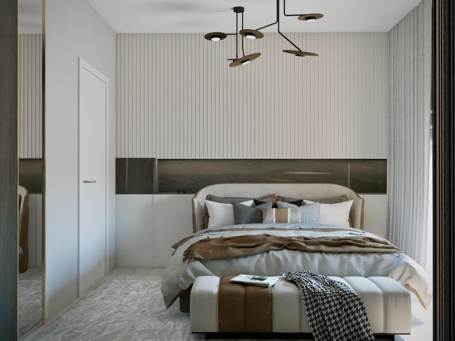 Nowoczesna sypialnia z łóżkiem kontynentalnym, beżową tapetą w pionowe paski, geometryczną lampą sufitową i pufą z książką.