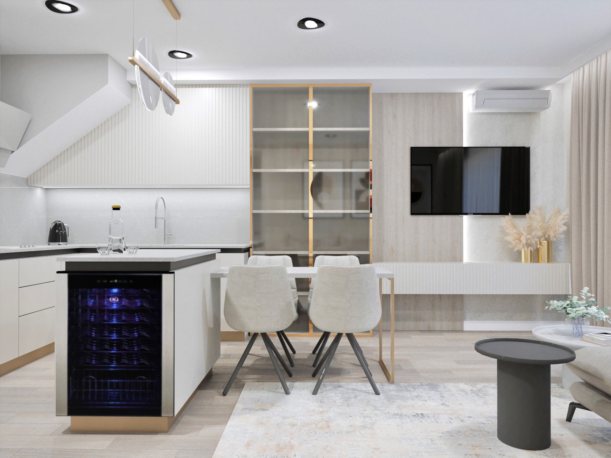 Nowoczesne wnętrze mieszkania z otwartą kuchnią, jadalnią i salonem, charakteryzujące się minimalistycznym designem, neutralną paletą barw i subtelnym oświetleniem punktowym. W centrum kadru stół...