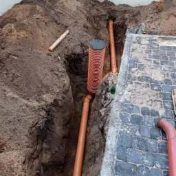 Wykop z ułożonymi rurami drenarskimi i studzienką rewizyjną, obok ułożona kostka brukowa, widoczne ślady ziemi na kostce.