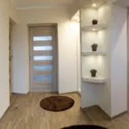 Nowoczesny przedpokój z drewnianą podłogą, dwiema parami drzwi z przeszkleniami i oświetlonymi półkami z dekoracyjnymi roślinami, widok na salon w tle.