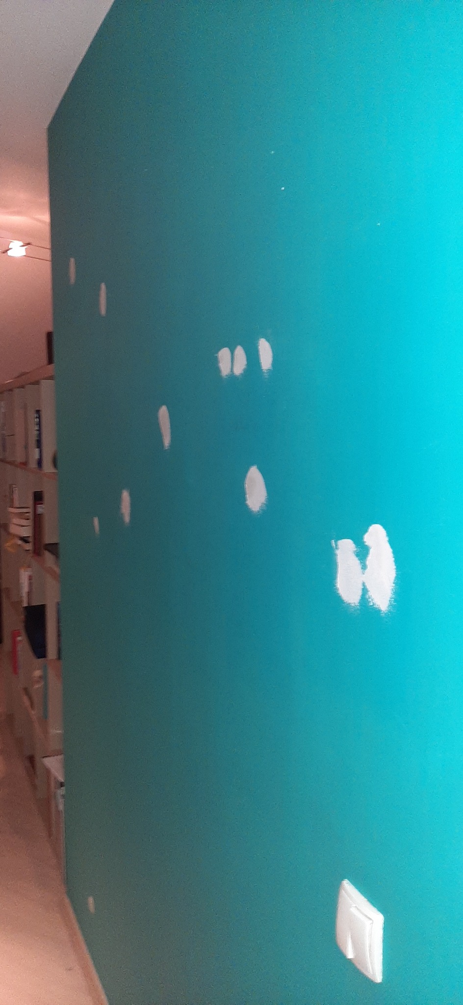 Turkusowa ściana z widocznymi miejscami po szpachlowaniu, przygotowana do dalszego malowania, w tle regał z książkami.