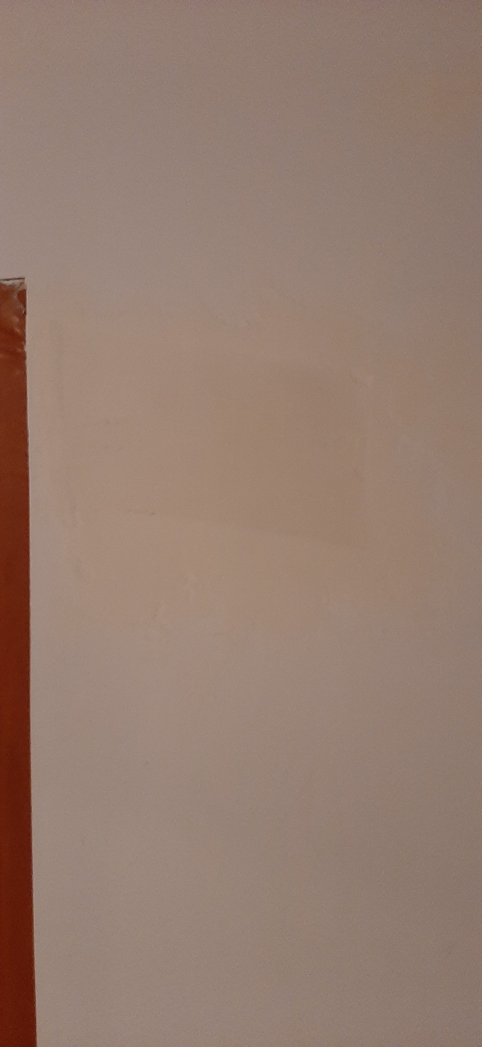 Świeżo pomalowana, gładka ściana w odcieniach beżu z widocznym fragmentem brązowej framugi drzwi po lewej stronie.