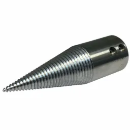 Metalowy świder stożkowy z gwintem, widoczne dwa otwory mocujące, leżący na białym tle.