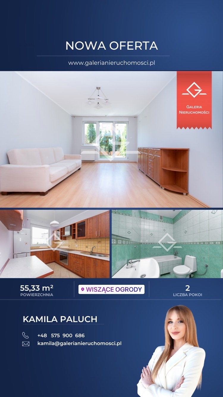 Nowa oferta nieruchomości: Jasny salon z drewnianą podłogą, kuchnia z drewnianymi szafkami i łazienka z zielonymi płytkami, prezentowane na wizualizacji z logo agencji nieruchomości.