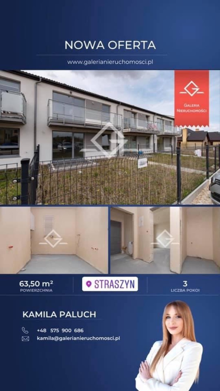 Nowa oferta sprzedaży mieszkania w Strążynie: Budynek wielorodzinny z balkonami, widok na wnętrze w stanie deweloperskim, powierzchnia 63,50 m2, 3 pokoje, kontakt do agenta nieruchomości Kamila...