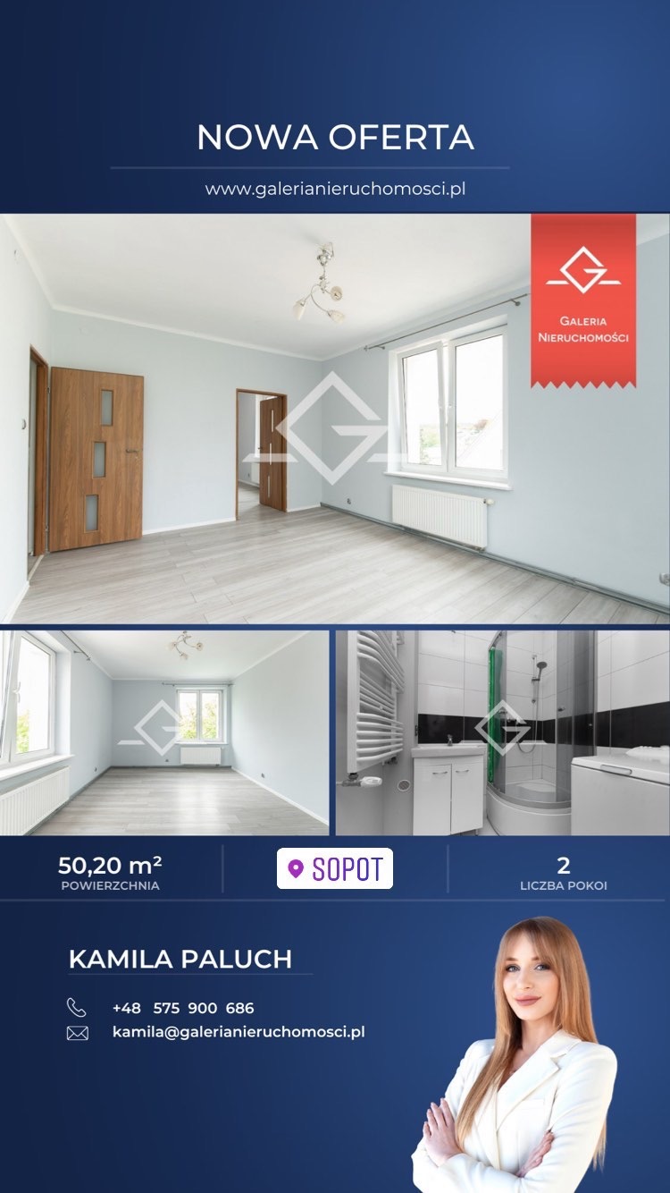 Nowa oferta nieruchomości w Sopocie: jasne, przestronne wnętrze mieszkania z drewnianymi drzwiami, łazienka z kabiną prysznicową i pralką, informacje kontaktowe do agentki nieruchomości Kamili Paluch.