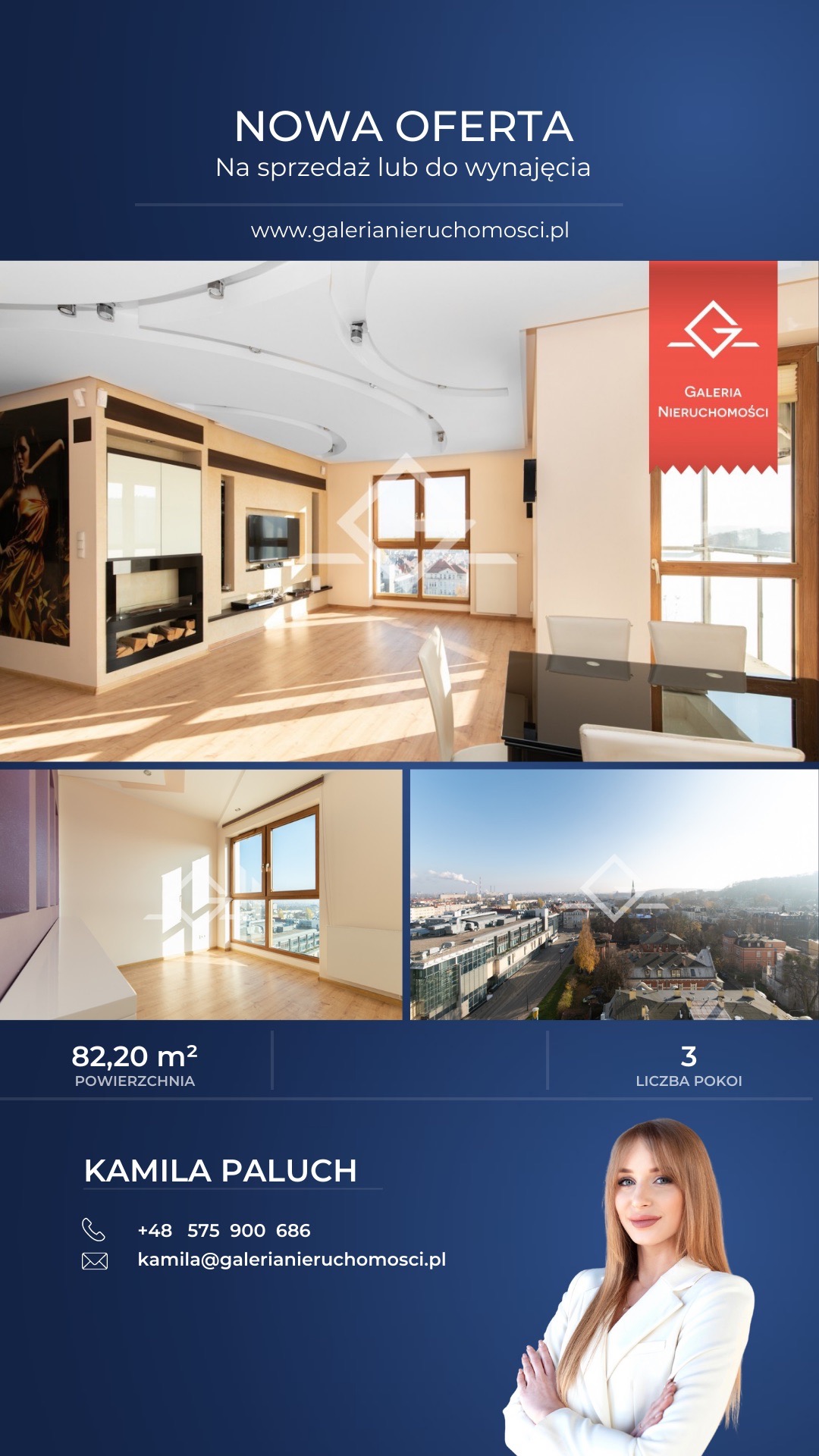 Wnętrze przestronnego mieszkania z dużymi oknami i widokiem na miasto, prezentowane w ofercie agencji nieruchomości z logo w prawym górnym rogu, dodatkowo widoczne dane kontaktowe agenta...