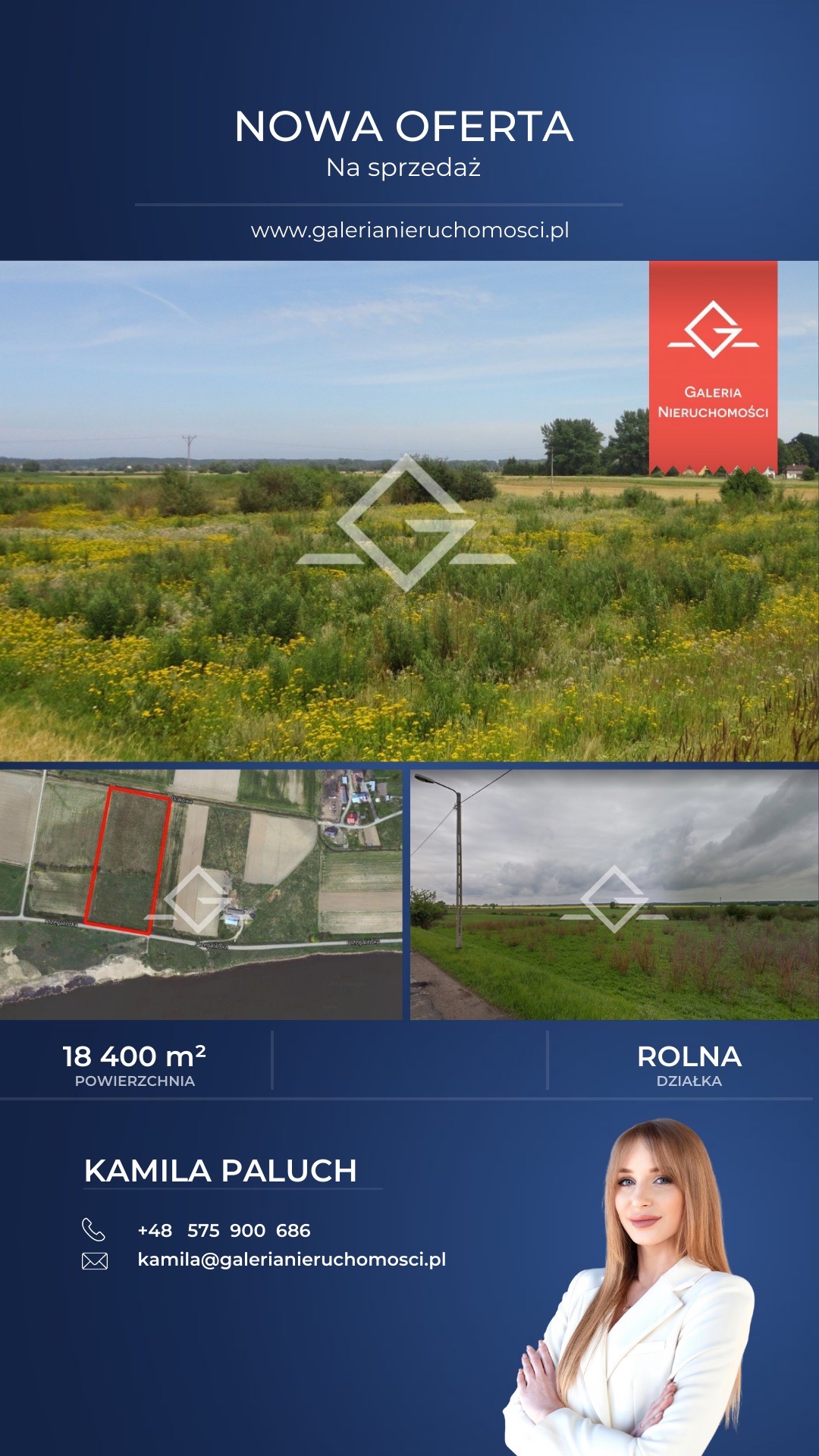 Ogłoszenie o sprzedaży działki rolnej z widokiem na pole z kwitnącymi żółtymi kwiatami, mapą satelitarną z zaznaczonym obrysem działki oraz zdjęciem z poziomu gruntu.