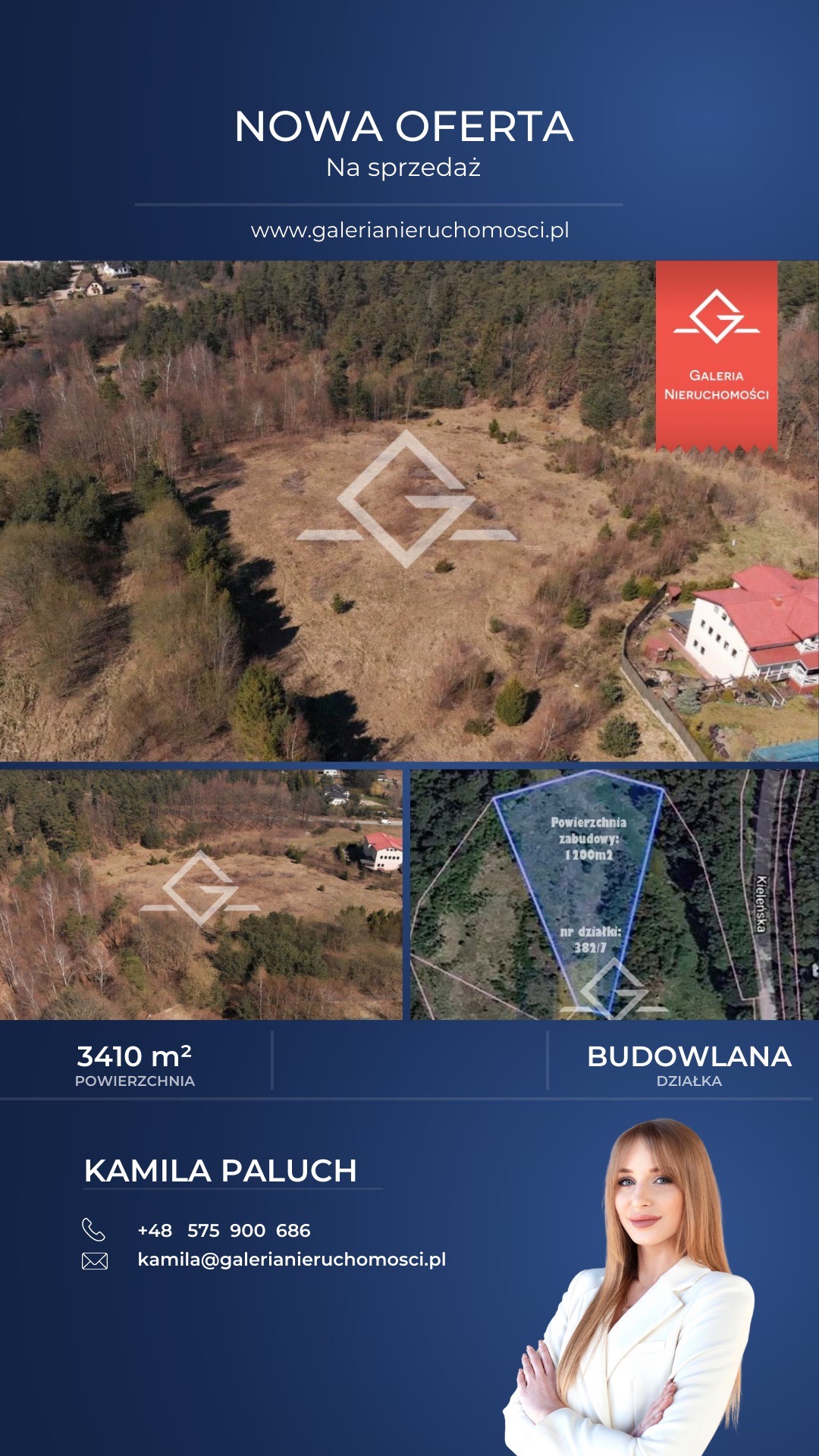 Ogłoszenie sprzedaży działki budowlanej o powierzchni 3410 m2, z wizualizacją granic działki i potencjalnej powierzchni zabudowy 1200 m2, prezentowane przez Galerię Nieruchomości, z kontaktem...