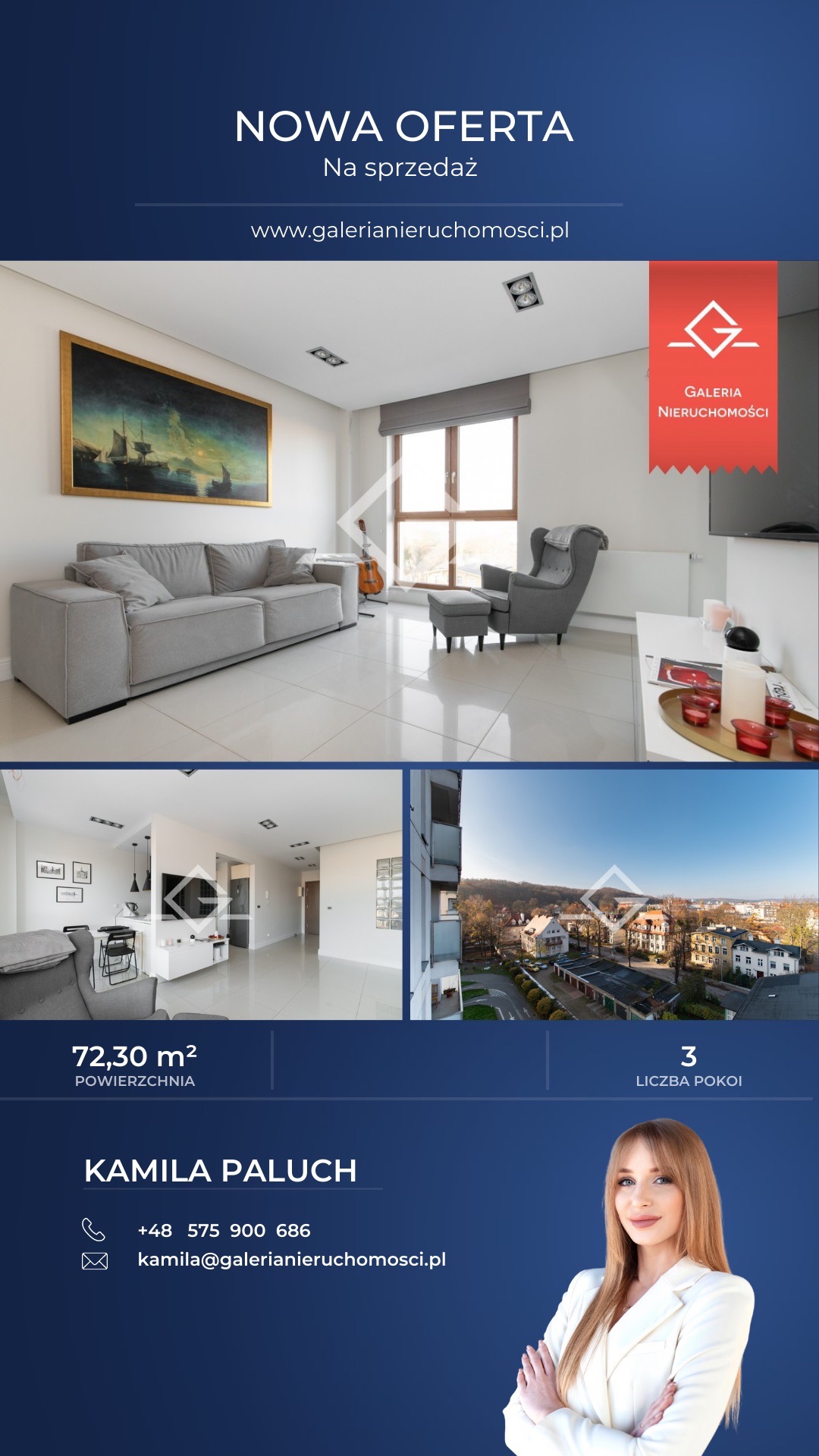 Jasne, nowoczesne wnętrze mieszkania z szarą sofą, fotelem i obrazem z motywem morskim. Widok na miasto z okna. Informacje o ofercie: powierzchnia 72,30 m2, 3 pokoje. Kontakt do agenta nieruchomości.