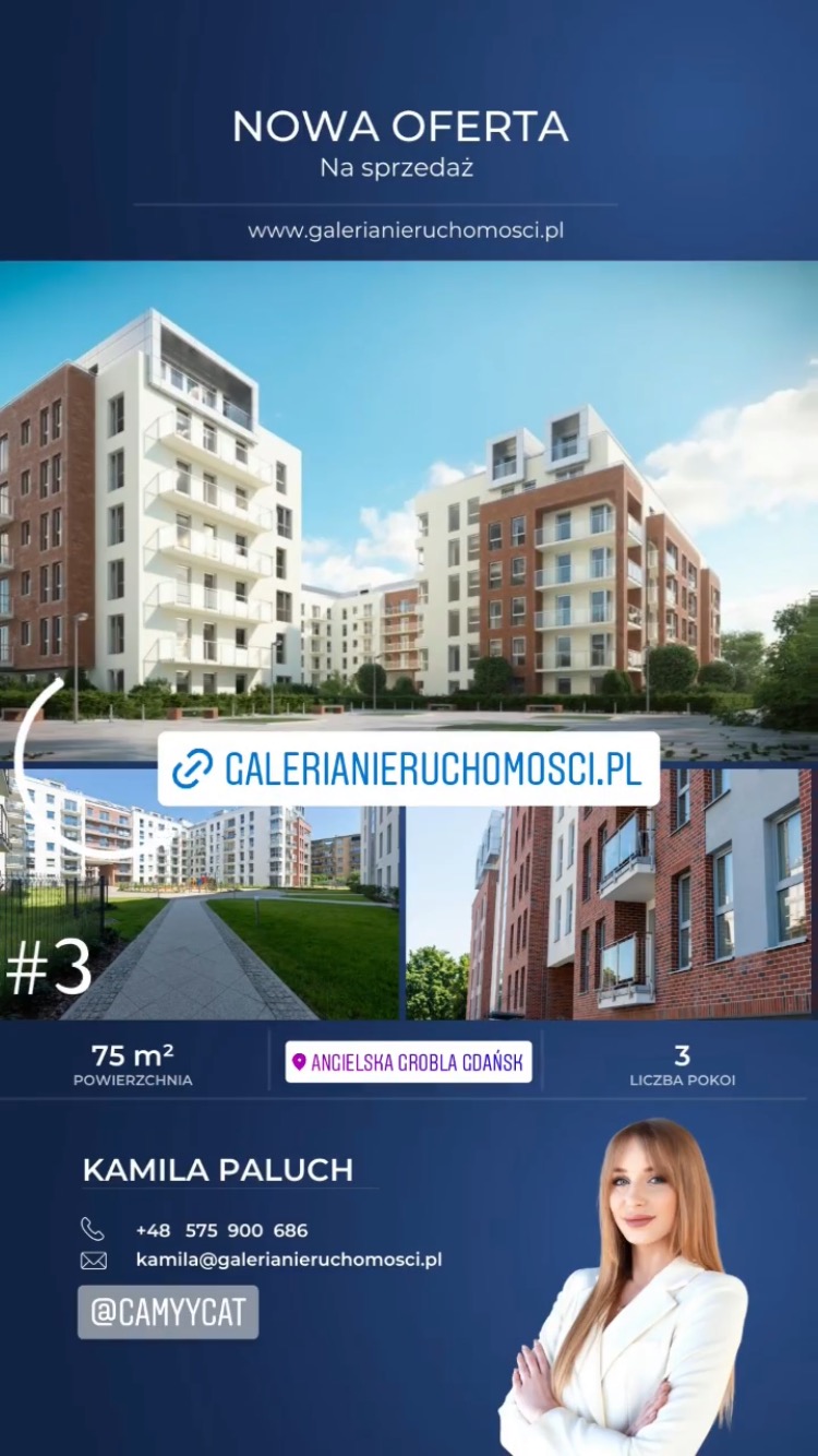 Nowa oferta sprzedaży mieszkania w Gdańsku, wizualizacja osiedla z budynkami w odcieniach bieli i cegły, zieleń, dane kontaktowe do agenta nieruchomości Kamili Paluch.