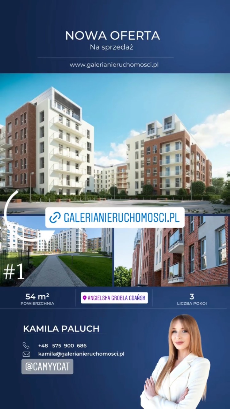 Nowoczesne budynki apartamentowe z ceglanymi i białymi elewacjami, prezentowane jako nowa oferta na tle błękitnego nieba, z informacjami o powierzchni, lokalizacji w Gdańsku i liczbie pokoi,...