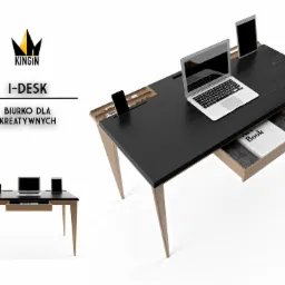 Nowoczesne biurko z blatem w kolorze czarnym i jasnymi drewnianymi nogami, wyposażone w wysuwane szuflady i wbudowane organizery na telefon, długopisy i tablet, z laptopem na blacie i książką...