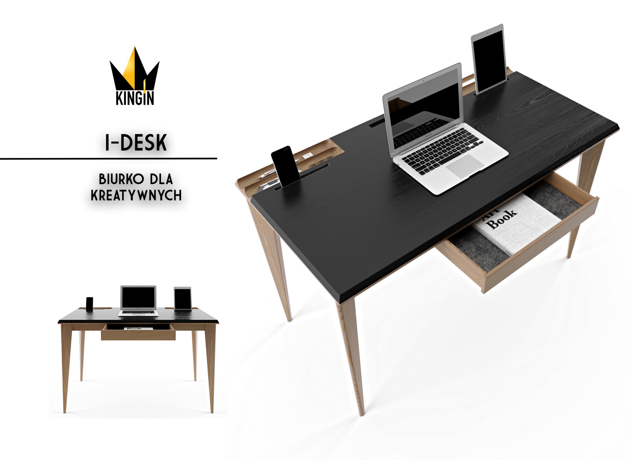 Nowoczesne biurko z blatem w kolorze czarnym i jasnymi drewnianymi nogami, wyposażone w wysuwane szuflady i wbudowane organizery na telefon, długopisy i tablet, z laptopem na blacie i książką...