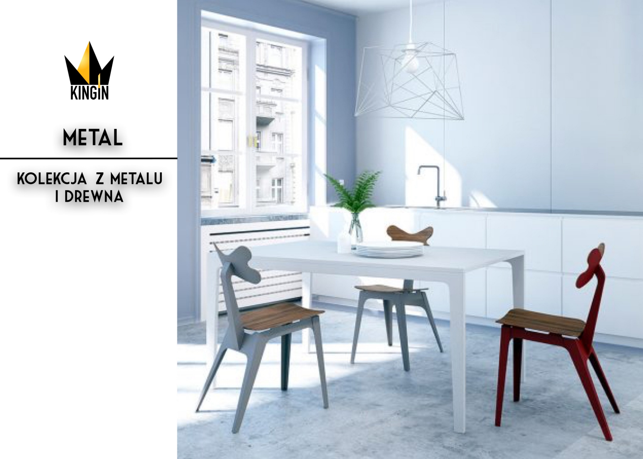 Nowoczesna, jasna jadalnia z białym stołem i krzesłami o unikalnym designie, przypominającym sylwetki zwierząt. Jeden krzesło jest czerwone, dwa szare. Nad stołem wisi geometryczna lampa. W tle...