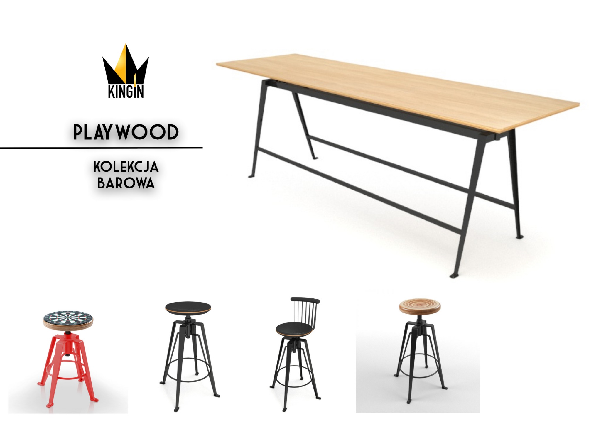 Wizualizacja kolekcji barowej PLAYWOOD marki KINGIN, przedstawiająca wysoki stół z jasnym drewnianym blatem i czarnymi metalowymi nogami, oraz cztery różne modele stołków barowych: czerwony...
