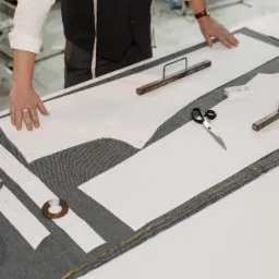 Krawiec układa papierowe wykroje spodni na szarym materiale, używając obciążników i nożyczek na białym stole.