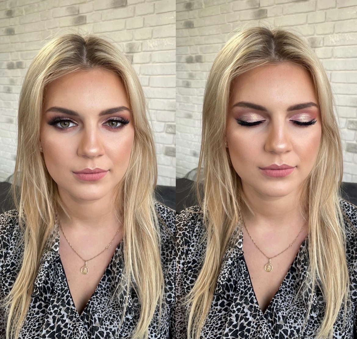 Portret blondynki z dwoma różnymi stylizacjami oczu: klasyczna kreska i brązy po lewej, oraz połyskujące cienie w odcieniach różu po prawej stronie, na tle białej ceglanej ściany.