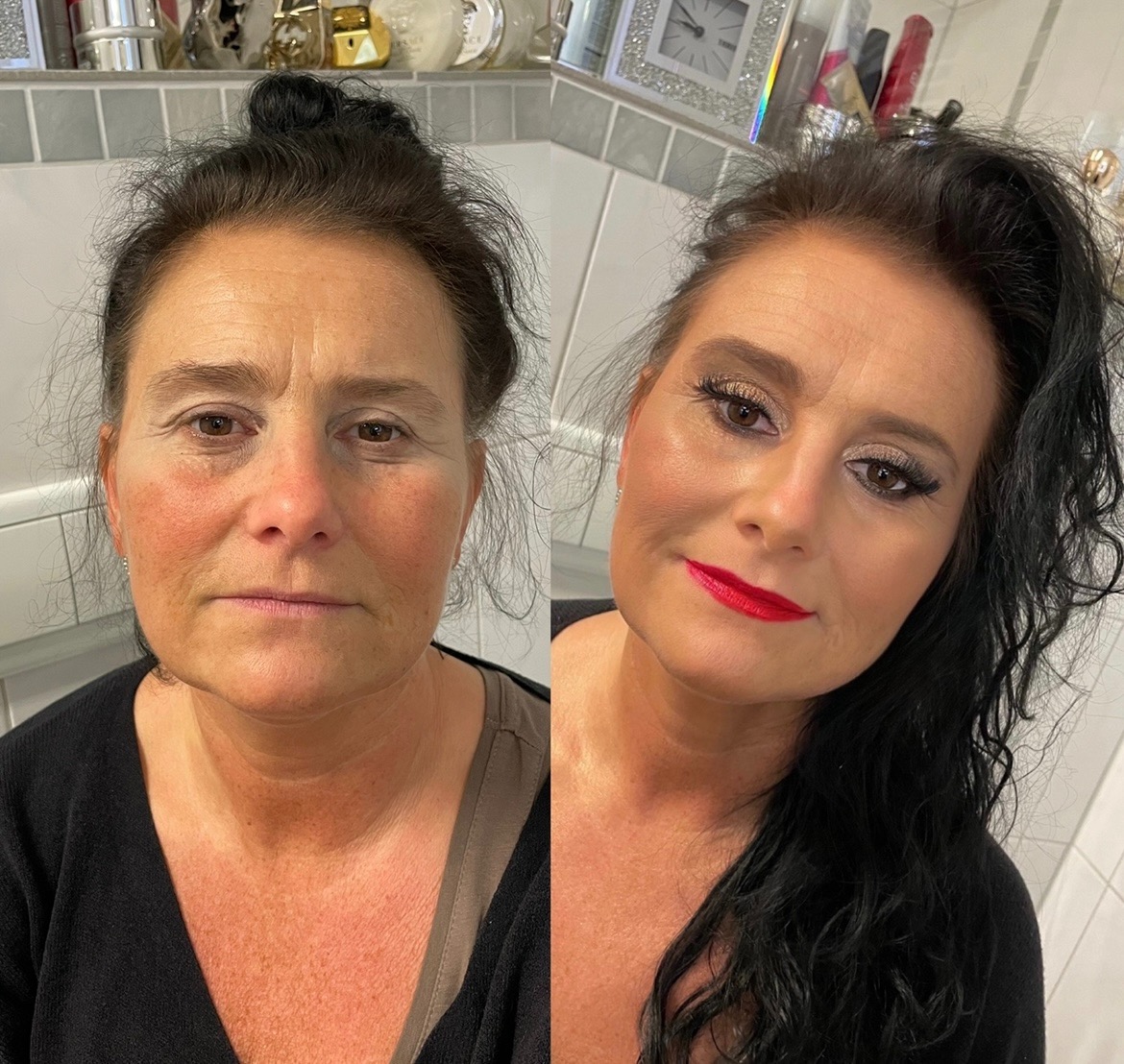 Portret kobiety przed i po wykonaniu usługi upiększającej: po lewej stronie twarz bez upiększeń, po prawej stronie widoczny pełny, wieczorowy look z czerwonymi ustami, podkreślonymi oczami...