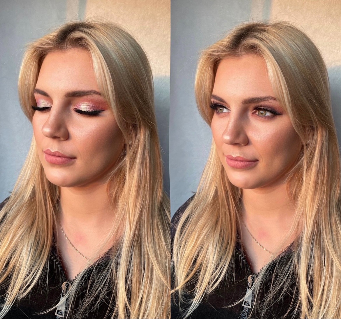 Portret blondynki z profesjonalnym, delikatnym makijażem oczu w odcieniach różu i złota, prezentowany w dwóch ujęciach: z zamkniętymi i otwartymi oczami, z efektem lekkiego rozświetlenia na skórze.