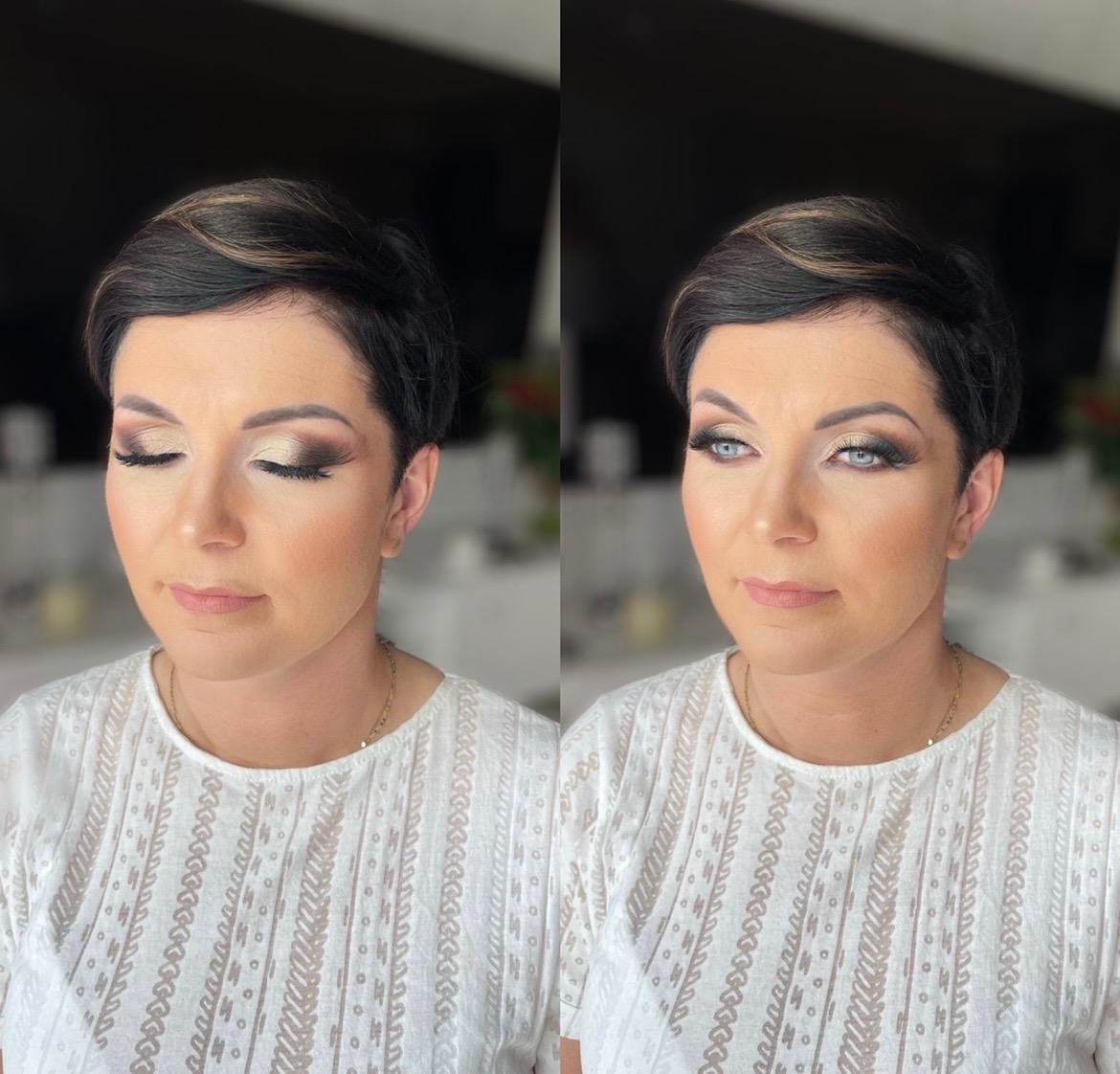 Portret kobiety z profesjonalnym, wieczorowym make-upem oczu w odcieniach brązu i złota, widoczny efekt konturowania twarzy, nałożone sztuczne rzęsy, krótka, ciemna fryzura z pasemkami.